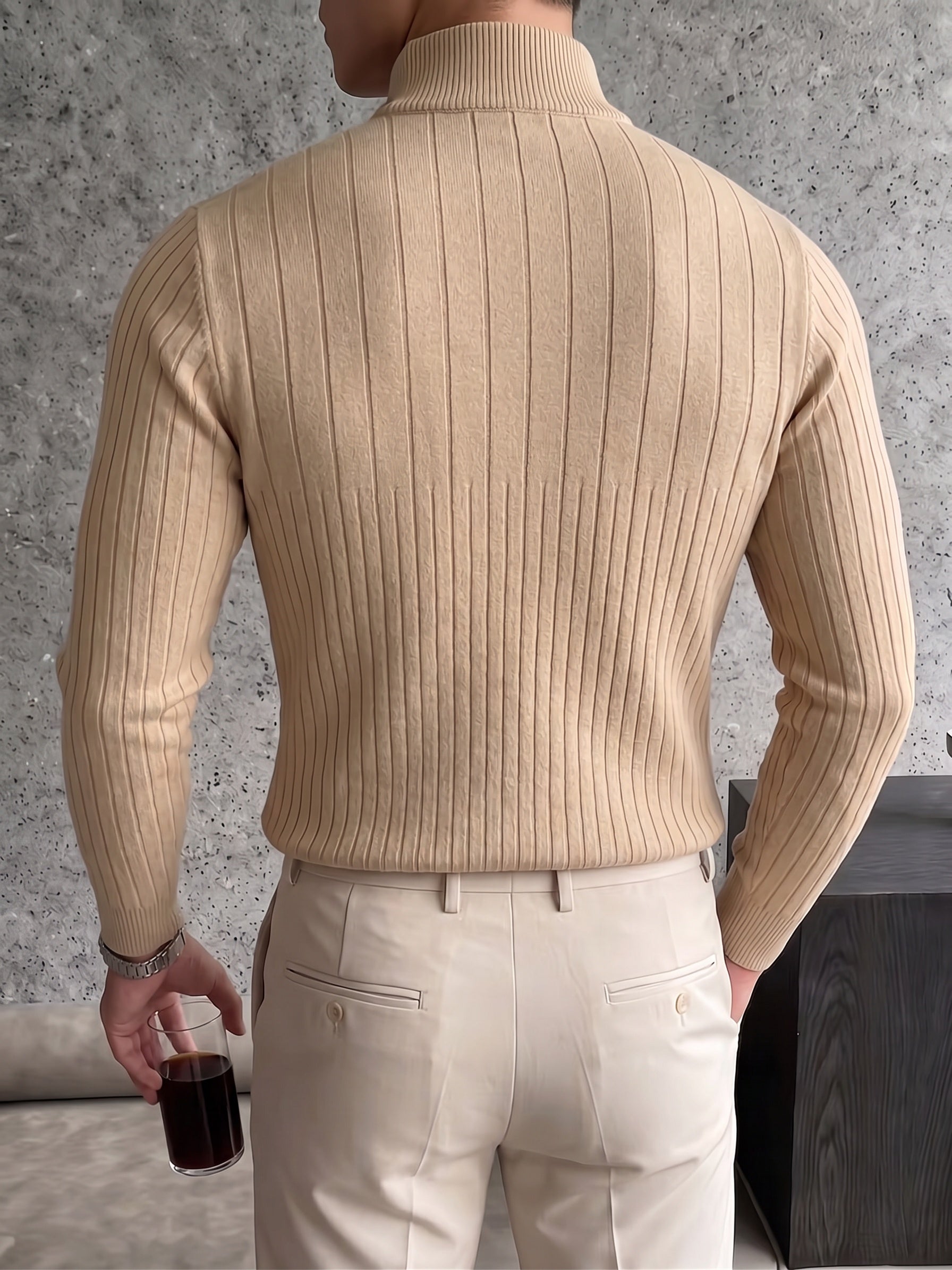 Half-Zip Ribbed Knit Sweater - Khaki