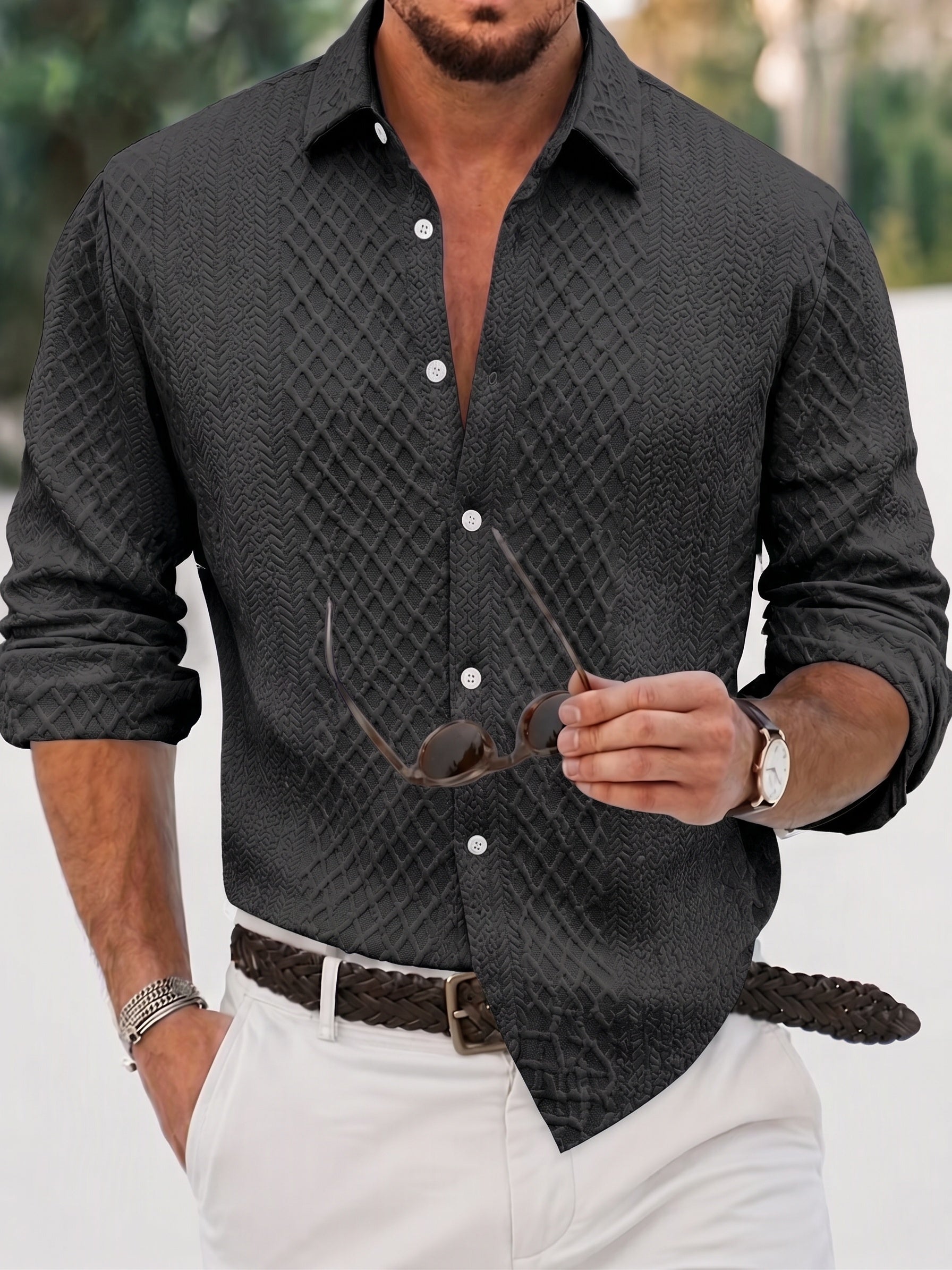 Embossed Jacquard Long Sleeve Button-Down Shirt - Black