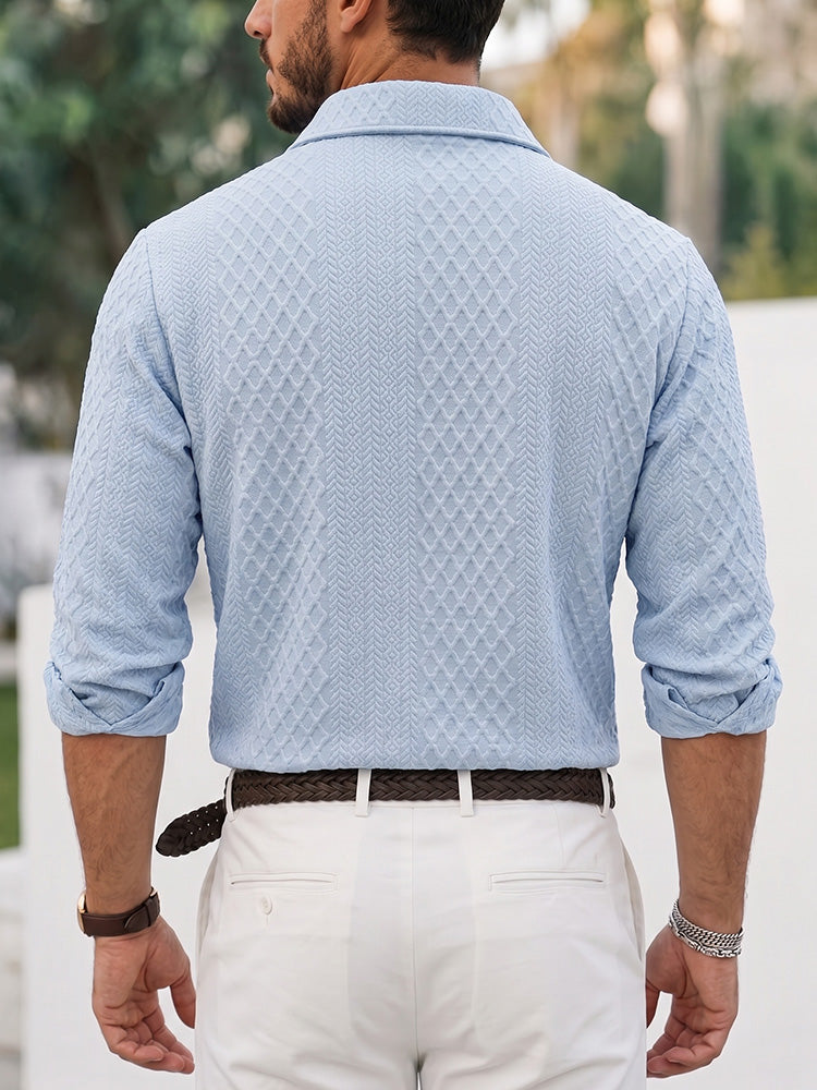 Embossed Jacquard Long Sleeve Button-Down Shirt - Light Blue