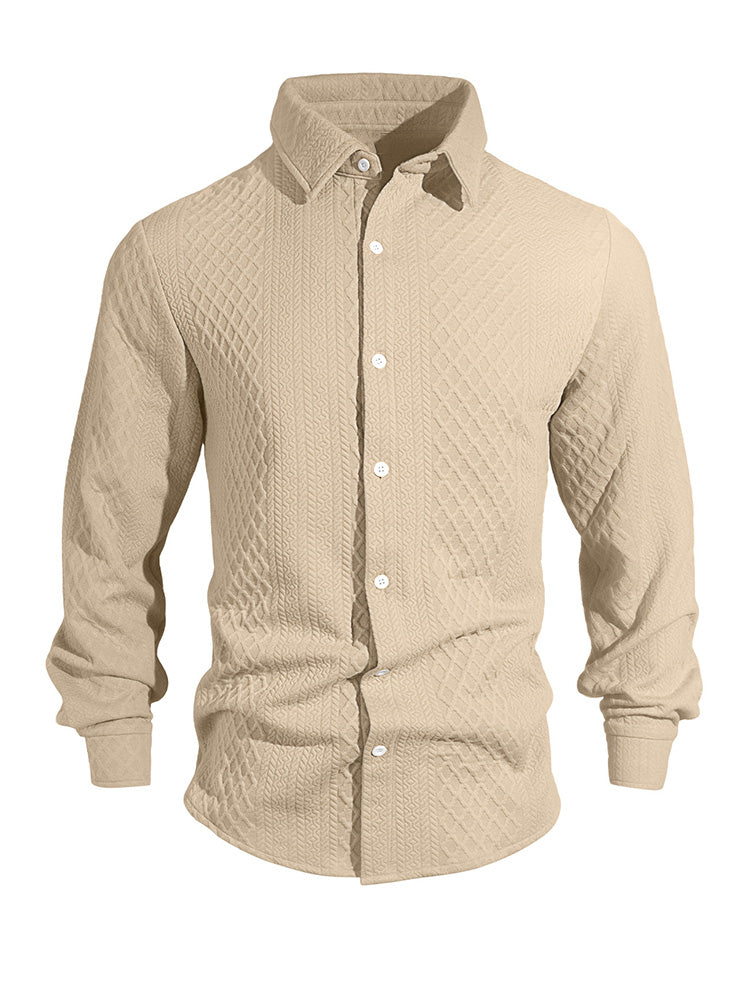 Embossed Jacquard Long Sleeve Button-Down Shirt - Khaki