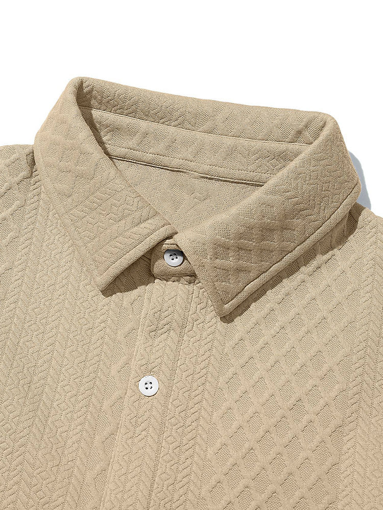 Embossed Jacquard Long Sleeve Button-Down Shirt - Khaki