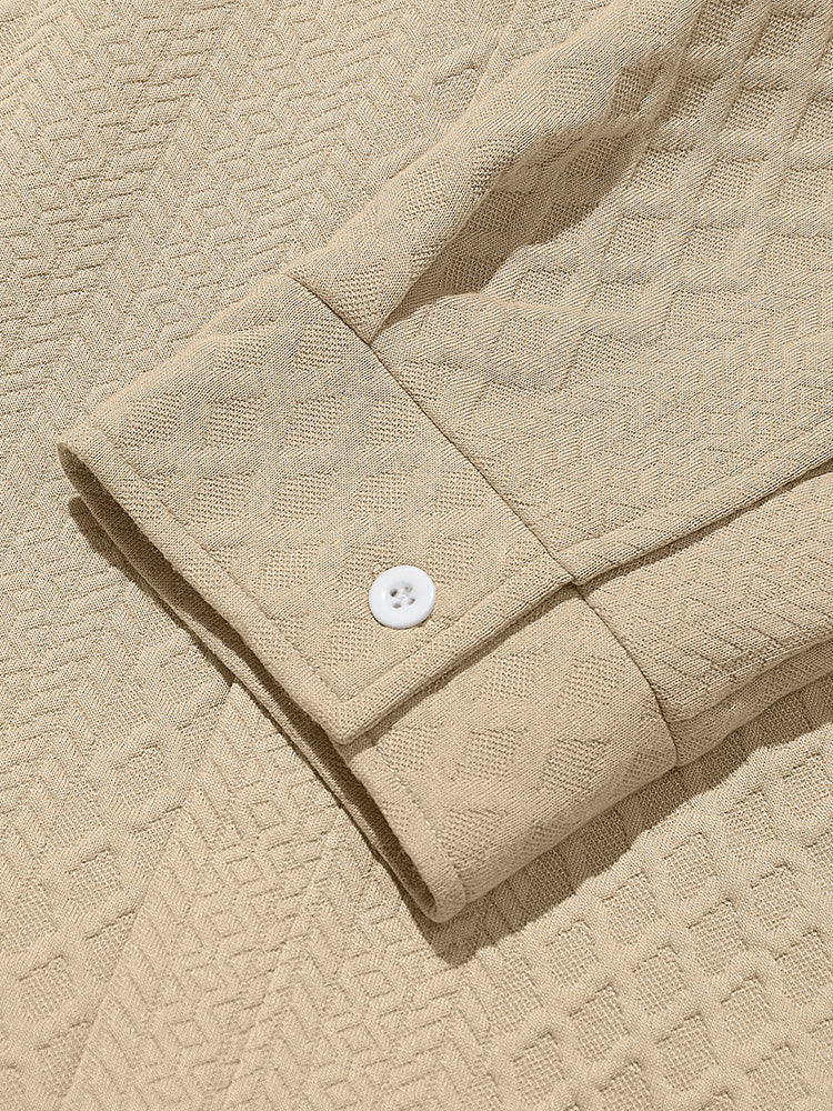 Embossed Jacquard Long Sleeve Button-Down Shirt - Khaki