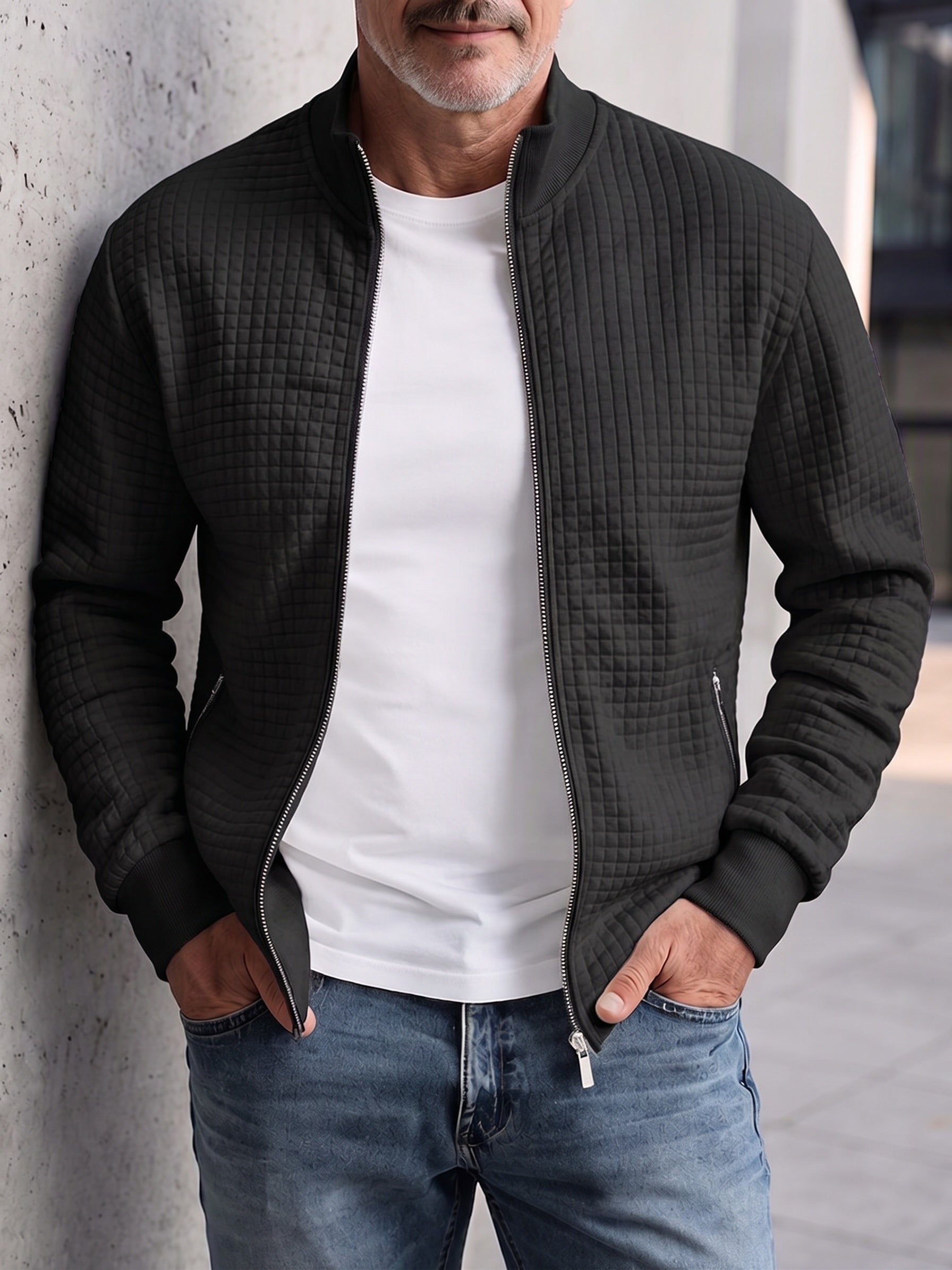 Casual Stand Collar Quilted Zip-Up Jacket - Black