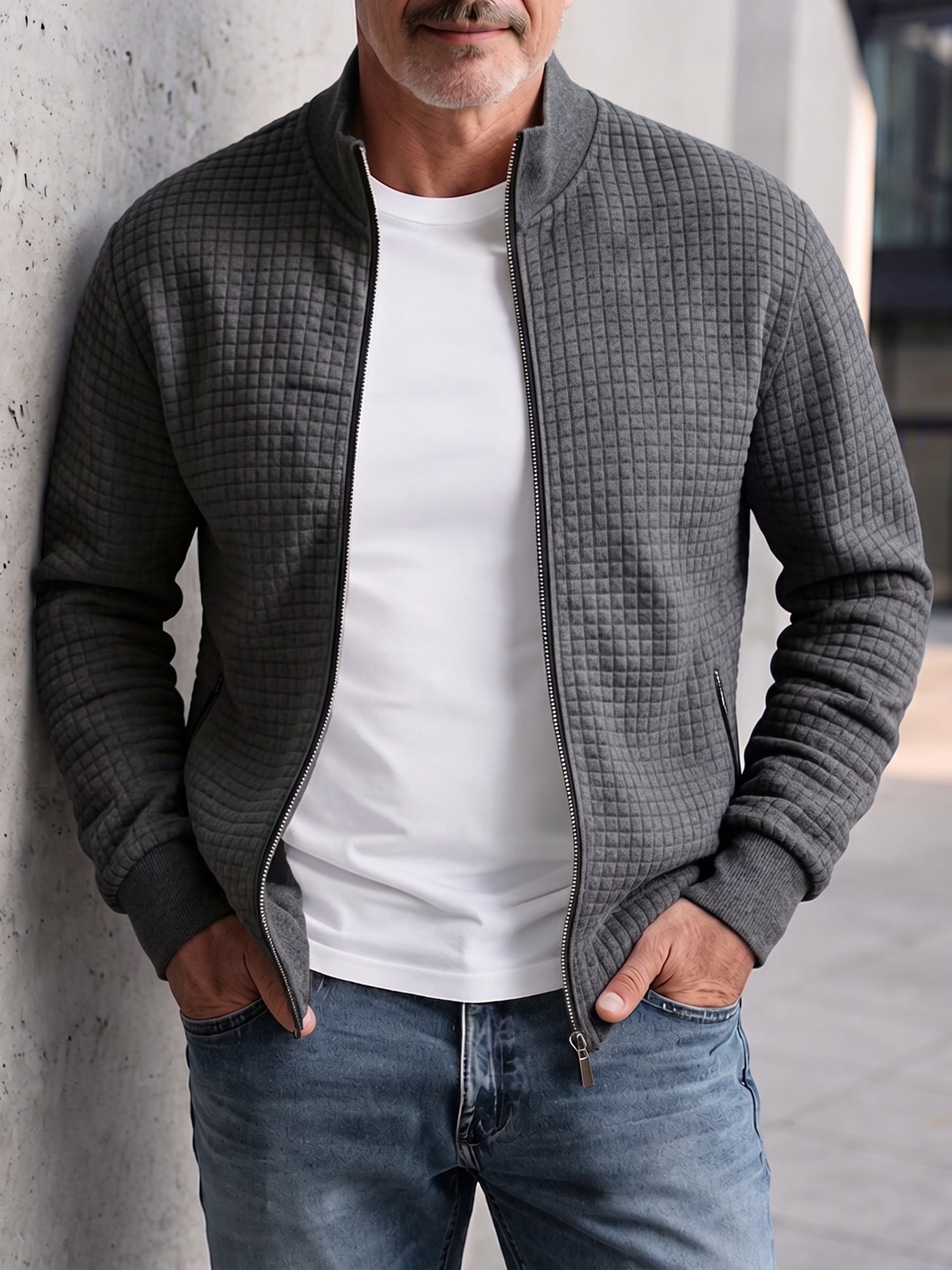 Casual Stand Collar Quilted Zip-Up Jacket - Dark Gray