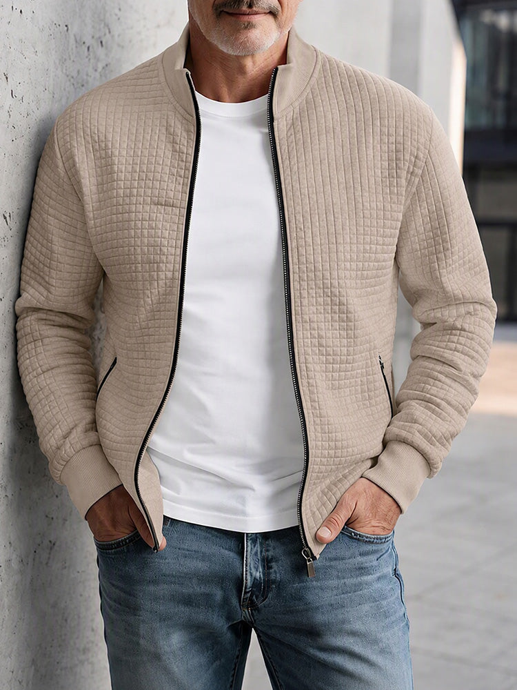 Casual Stand Collar Quilted Zip-Up Jacket - Khaki