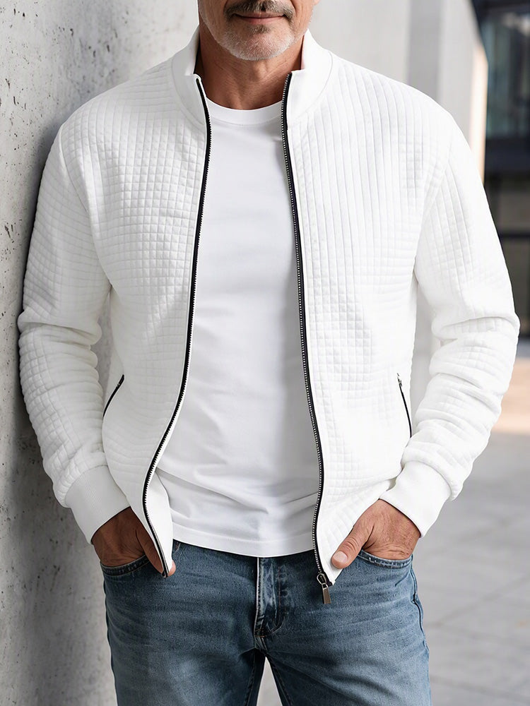 Casual Stand Collar Quilted Zip-Up Jacket - White