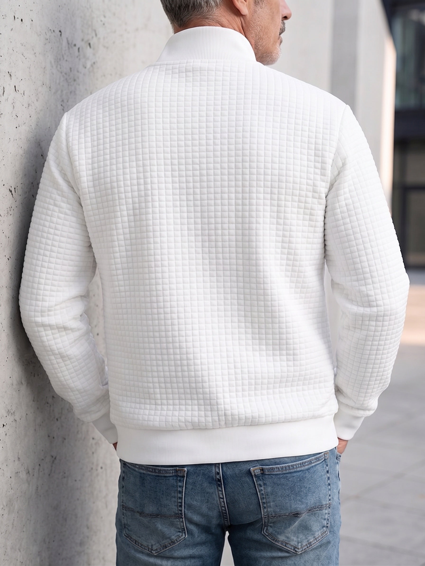 Casual Stand Collar Quilted Zip-Up Jacket - White