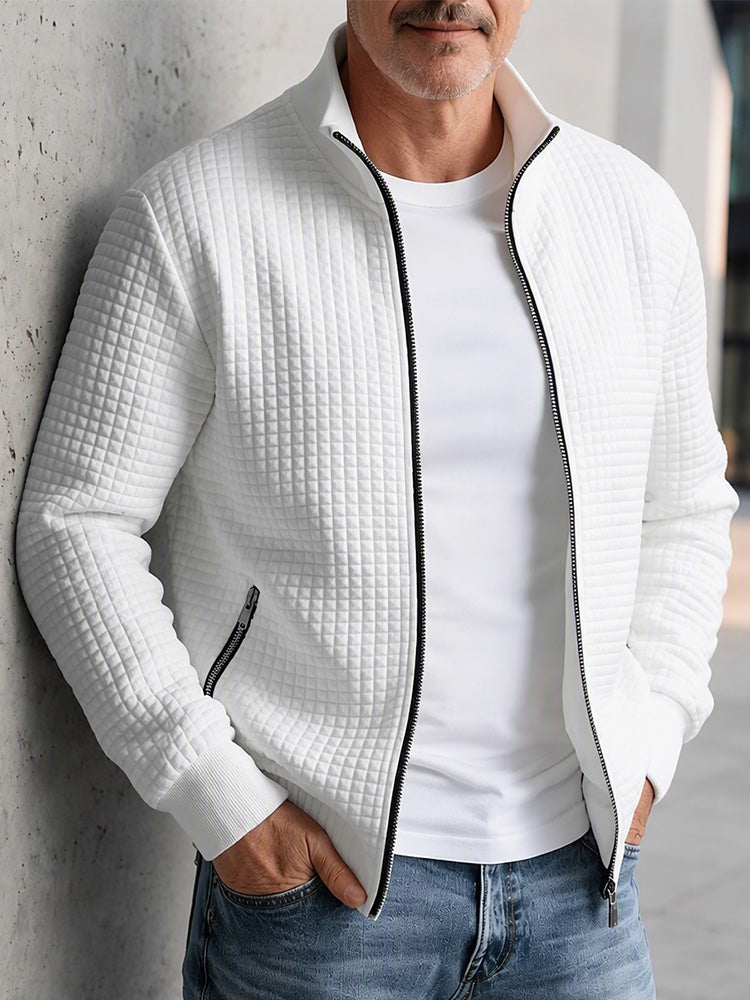Casual Stand Collar Quilted Zip-Up Jacket - White