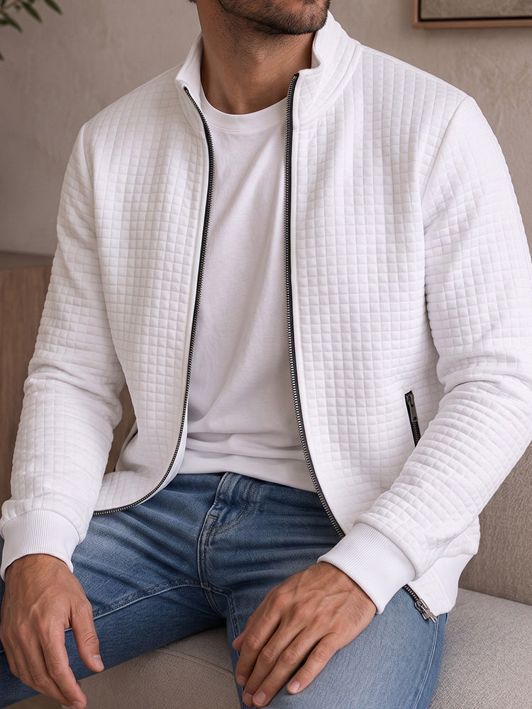 Casual Stand Collar Quilted Zip-Up Jacket - White