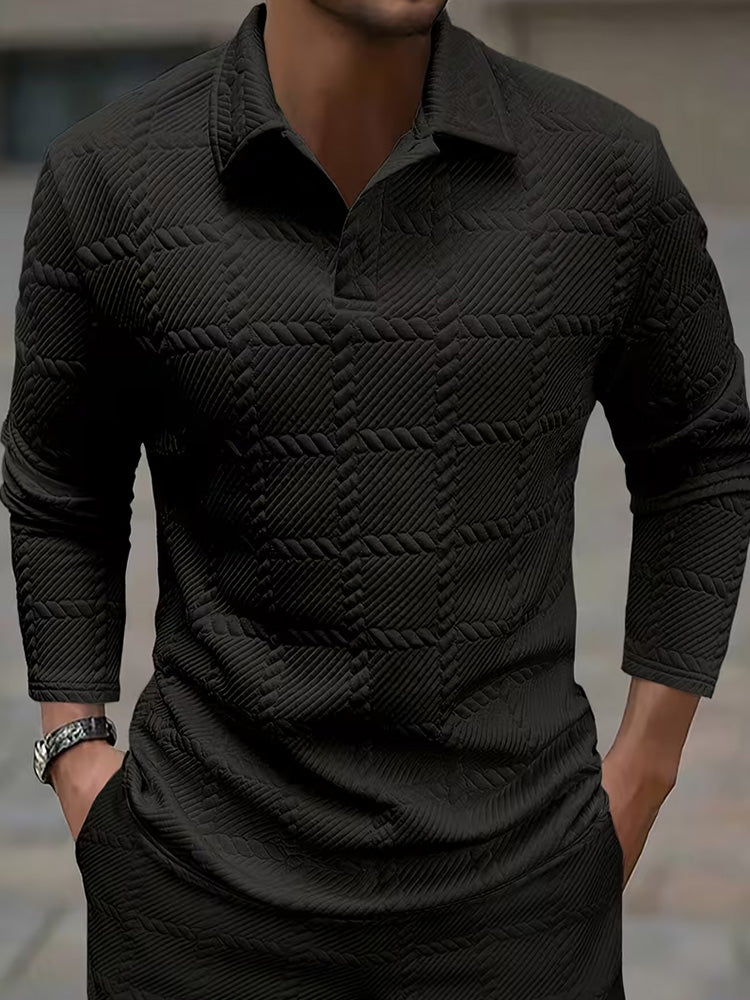 Textured Jacquard Long Sleeve Polo Shirt - Black