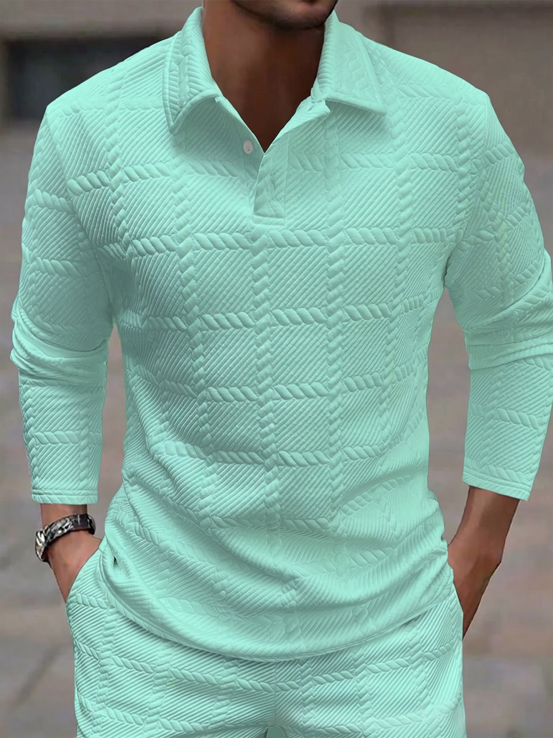 Textured Jacquard Long Sleeve Polo Shirt - Green