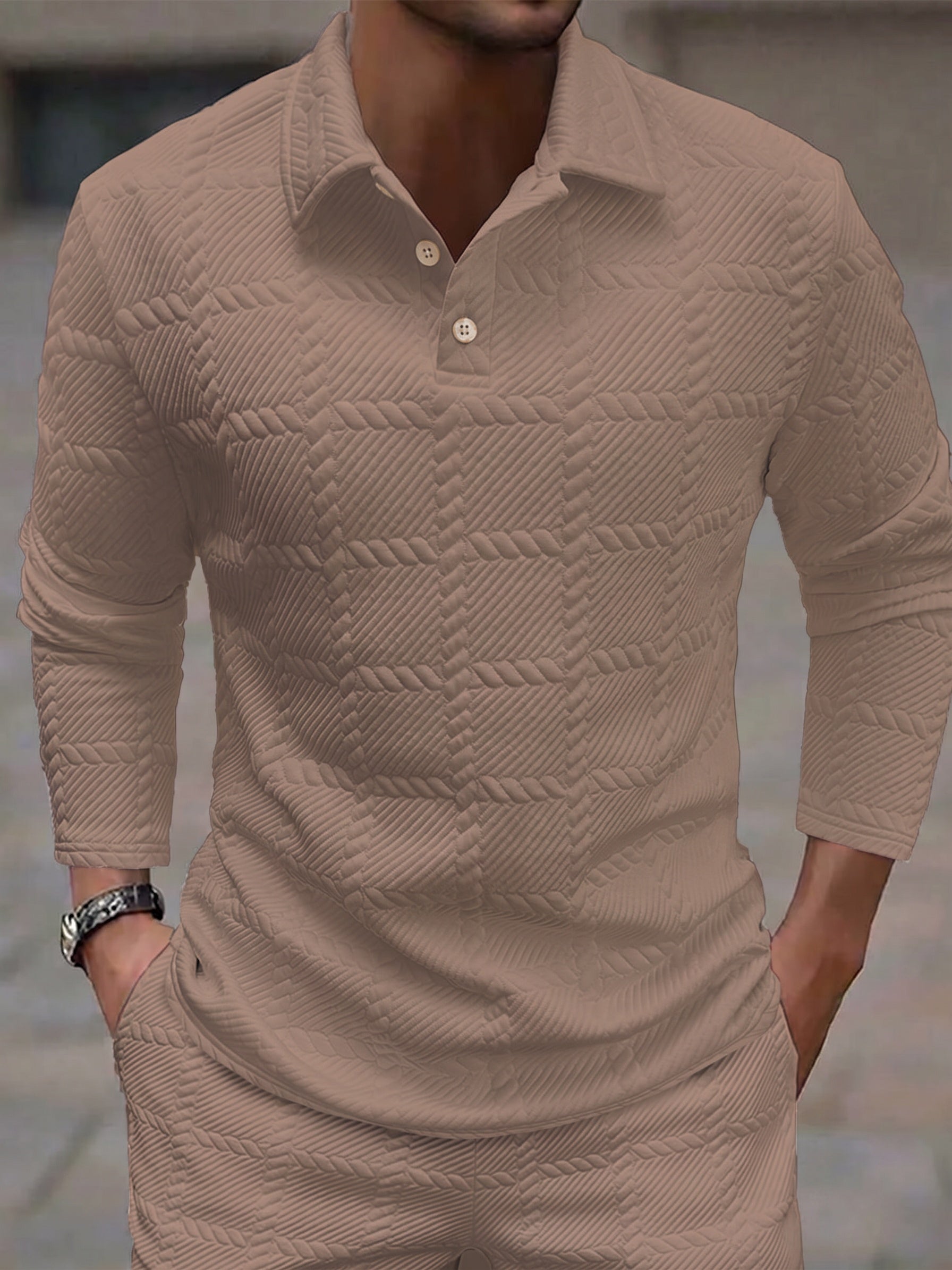 Textured Jacquard Long Sleeve Polo Shirt - Khaki