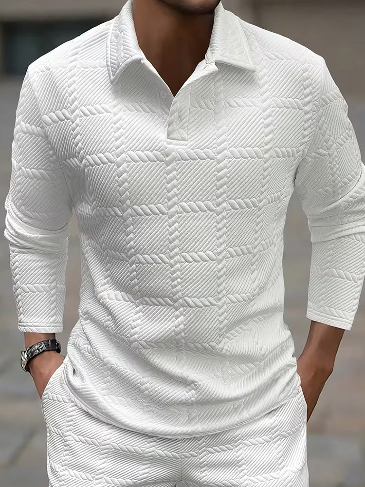 Textured Jacquard Long Sleeve Polo Shirt - White