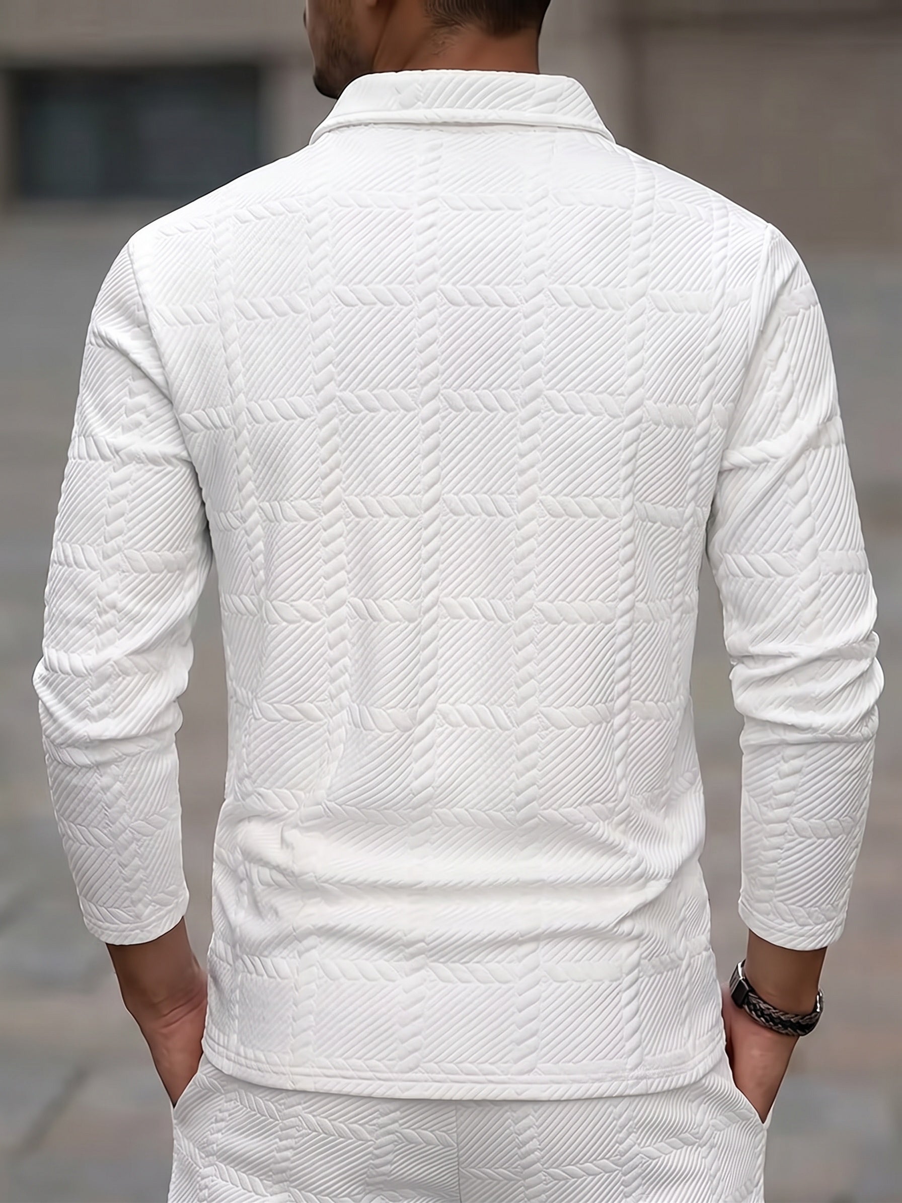Textured Jacquard Long Sleeve Polo Shirt - White