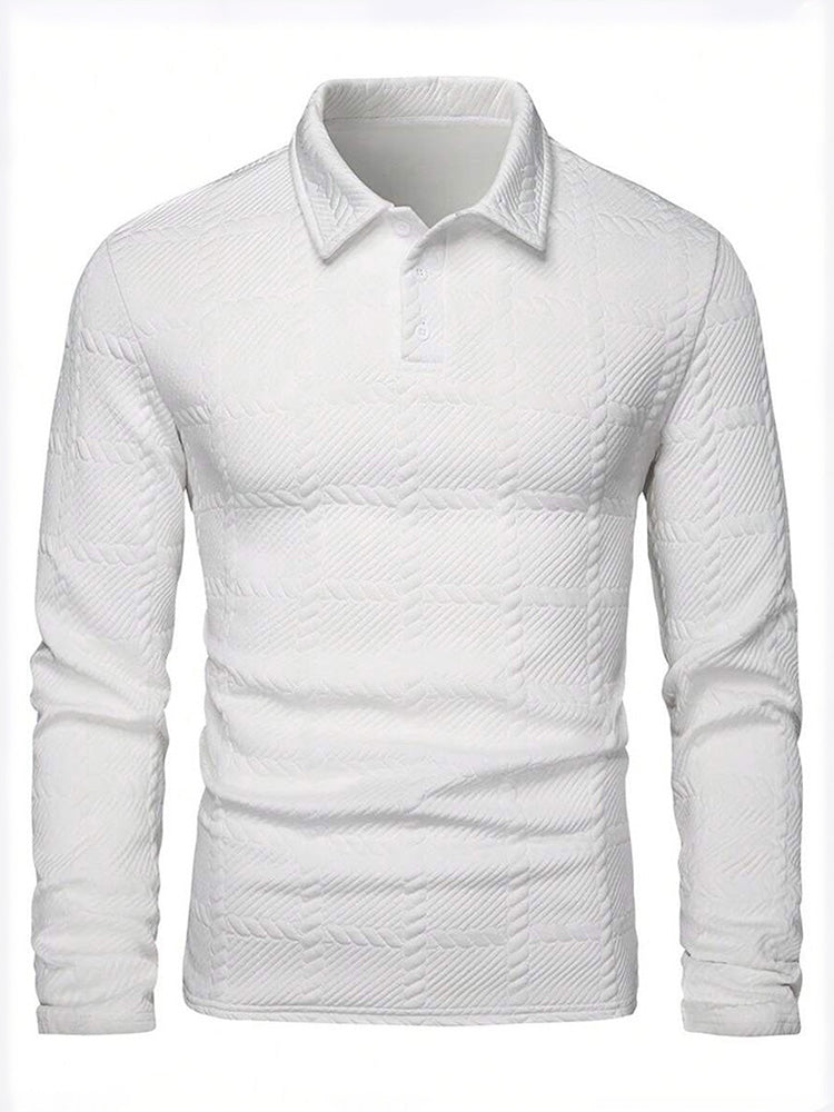 Textured Jacquard Long Sleeve Polo Shirt - White