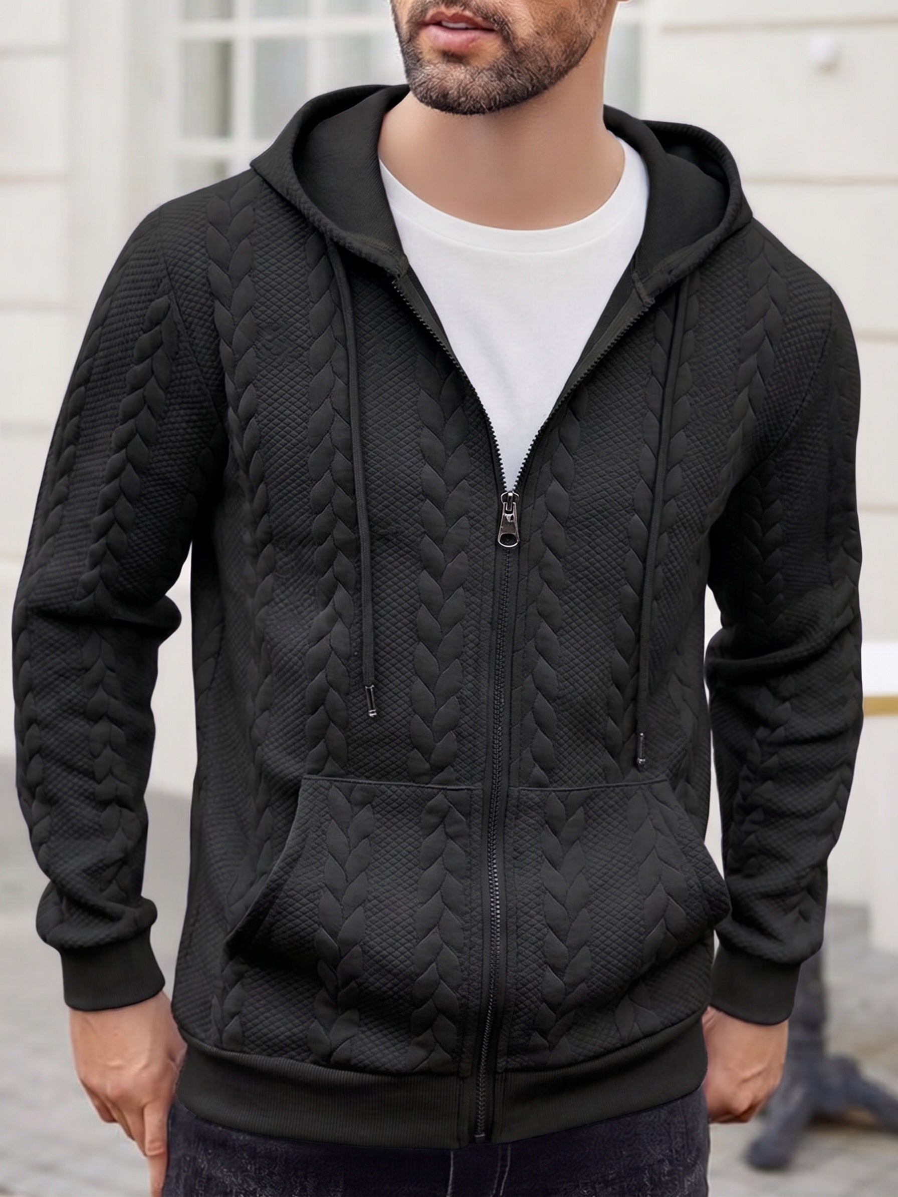 Casual 3D Embossed Zip-Up Hoodie - Black