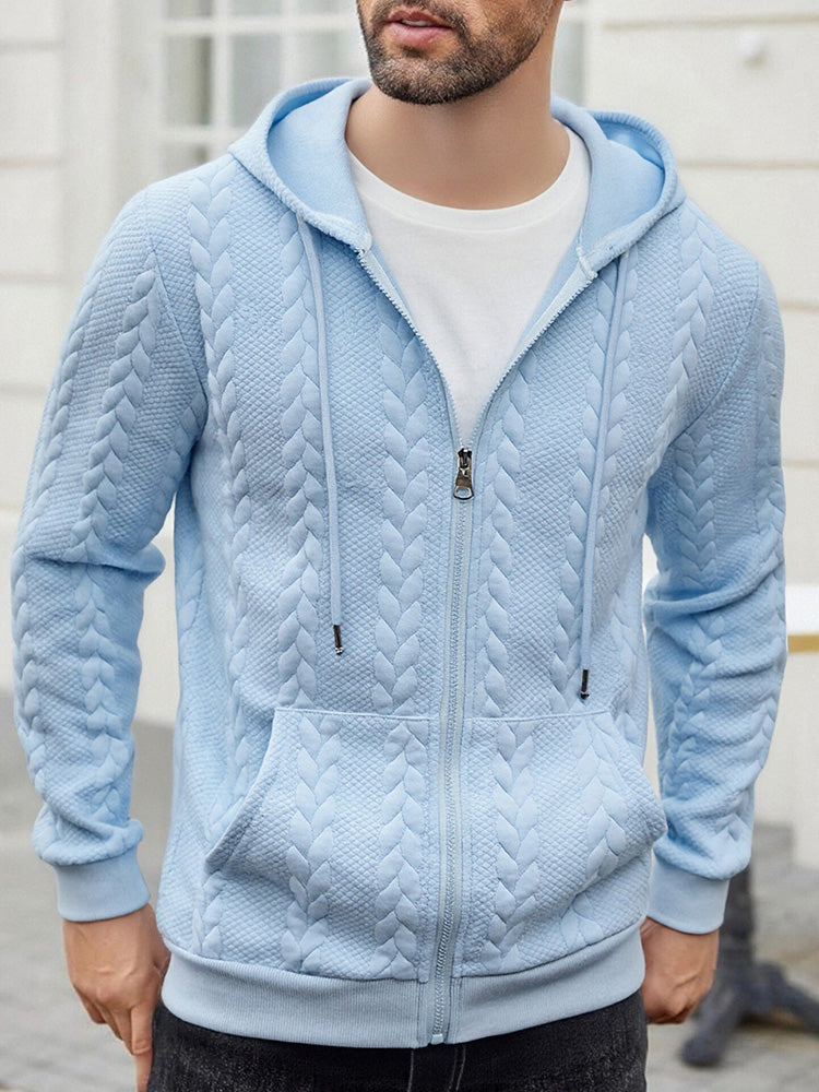Casual 3D Embossed Zip-Up Hoodie - Light Blue