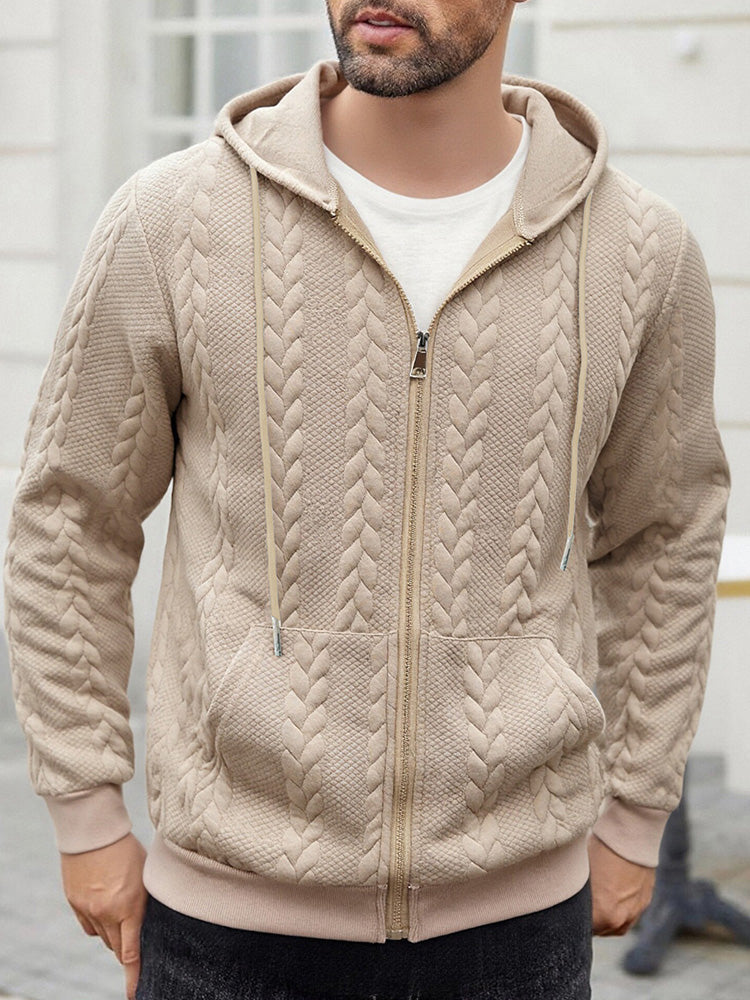 Casual 3D Embossed Zip-Up Hoodie - Khaki