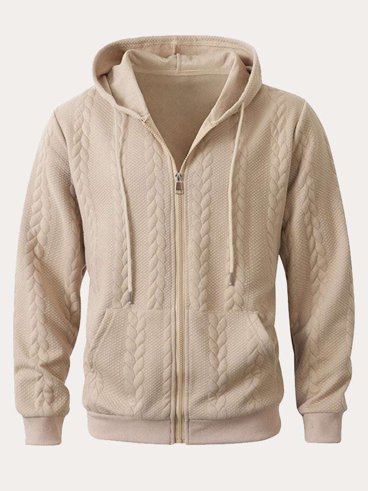 Casual 3D Embossed Zip-Up Hoodie - Khaki