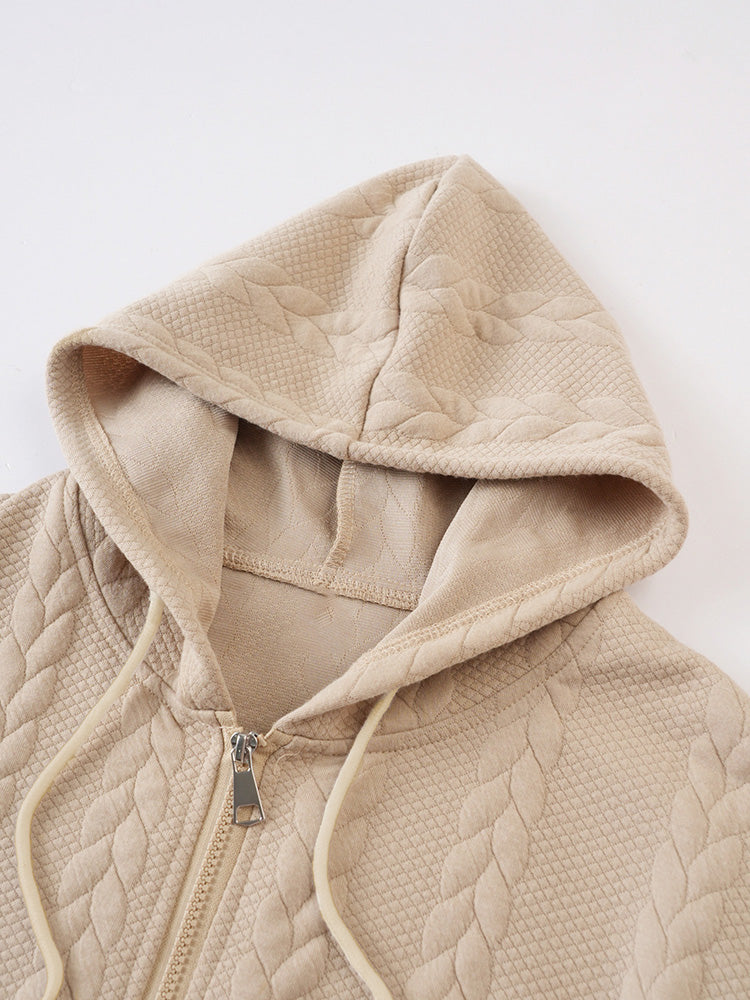 Casual 3D Embossed Zip-Up Hoodie - Khaki