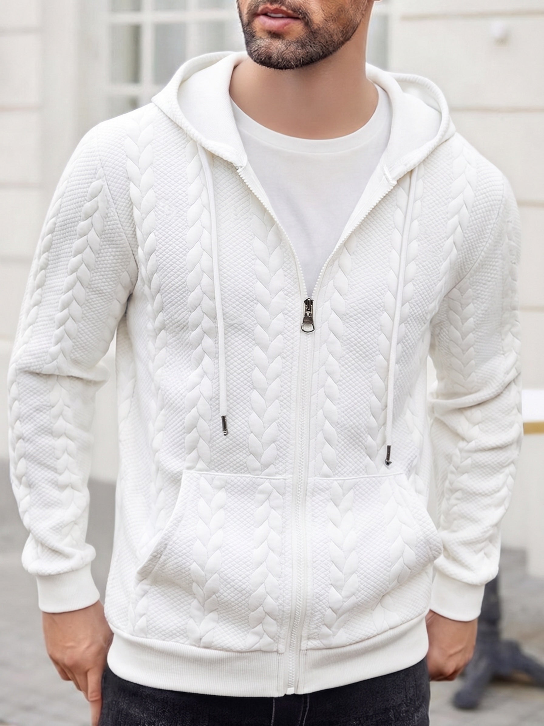 Casual 3D Embossed Zip-Up Hoodie - White