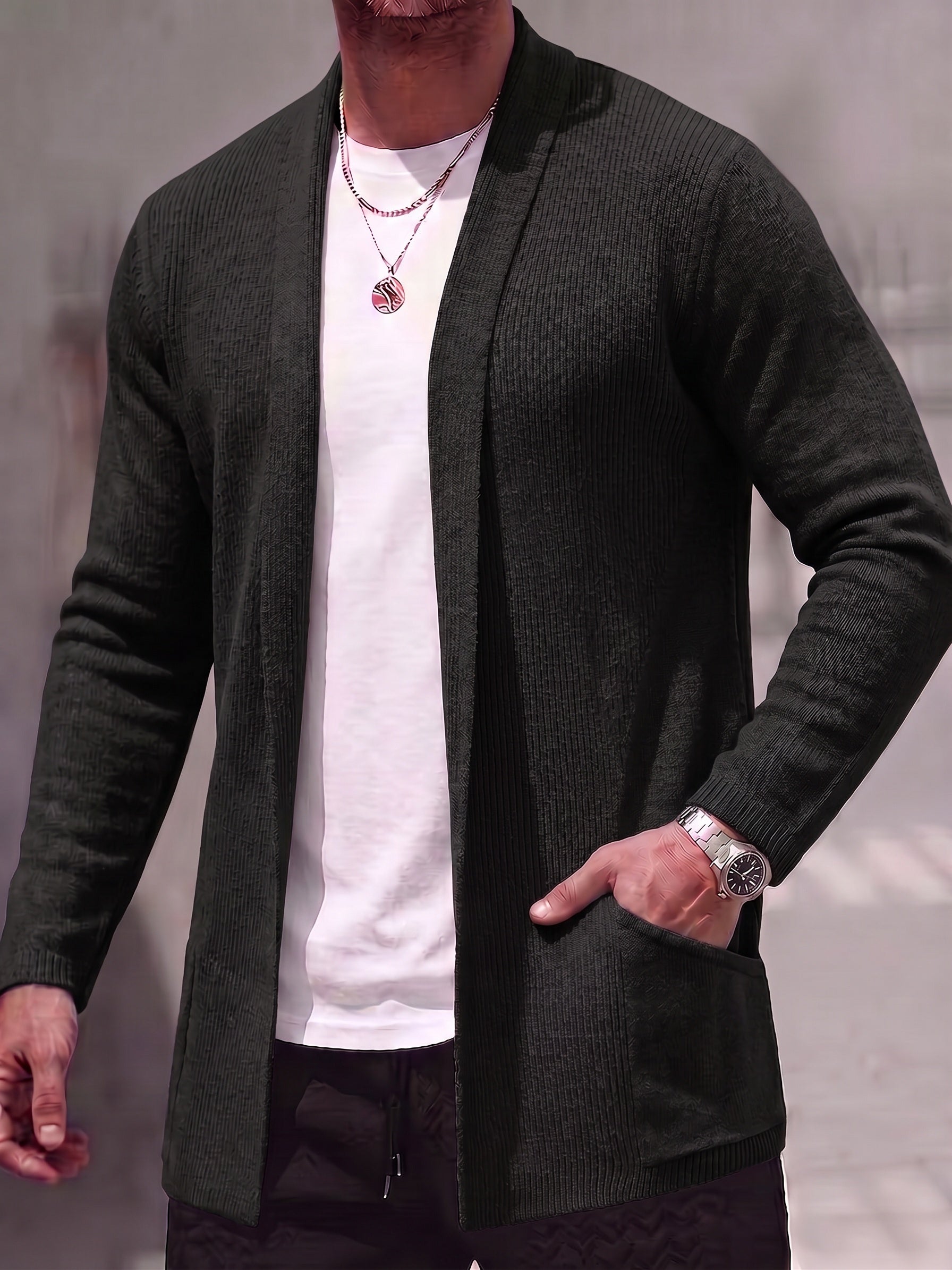 Solid Ribbed Knit Open Front Cardigan - Black