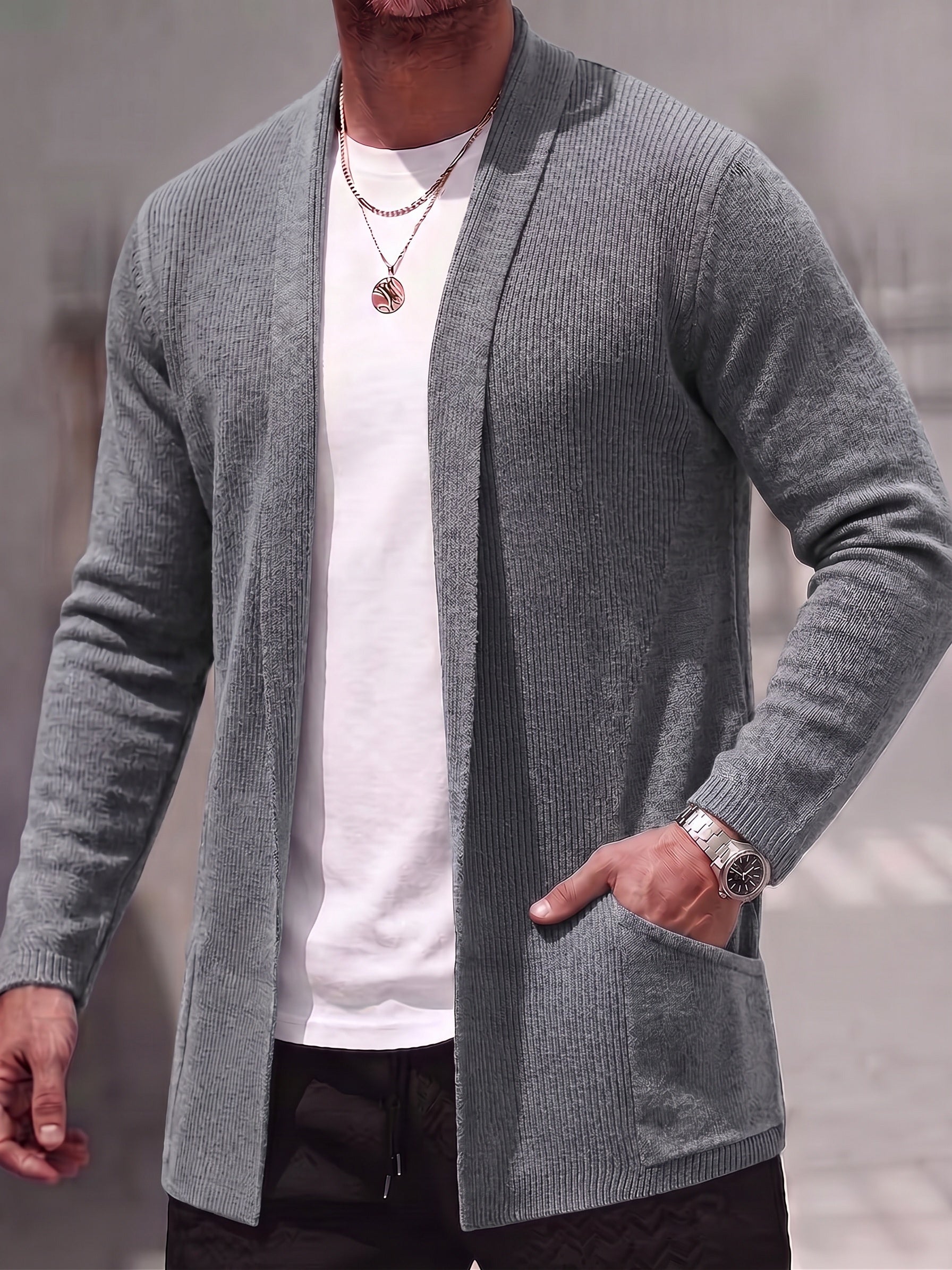 Solid Ribbed Knit Open Front Cardigan - Gray