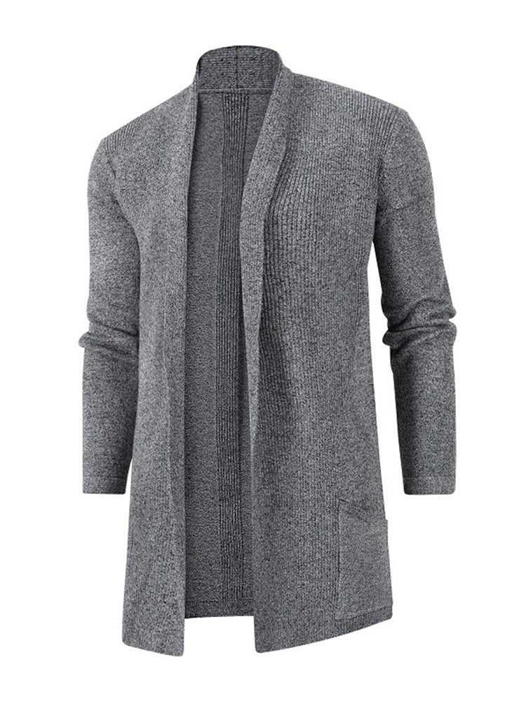 Solid Ribbed Knit Open Front Cardigan - Gray