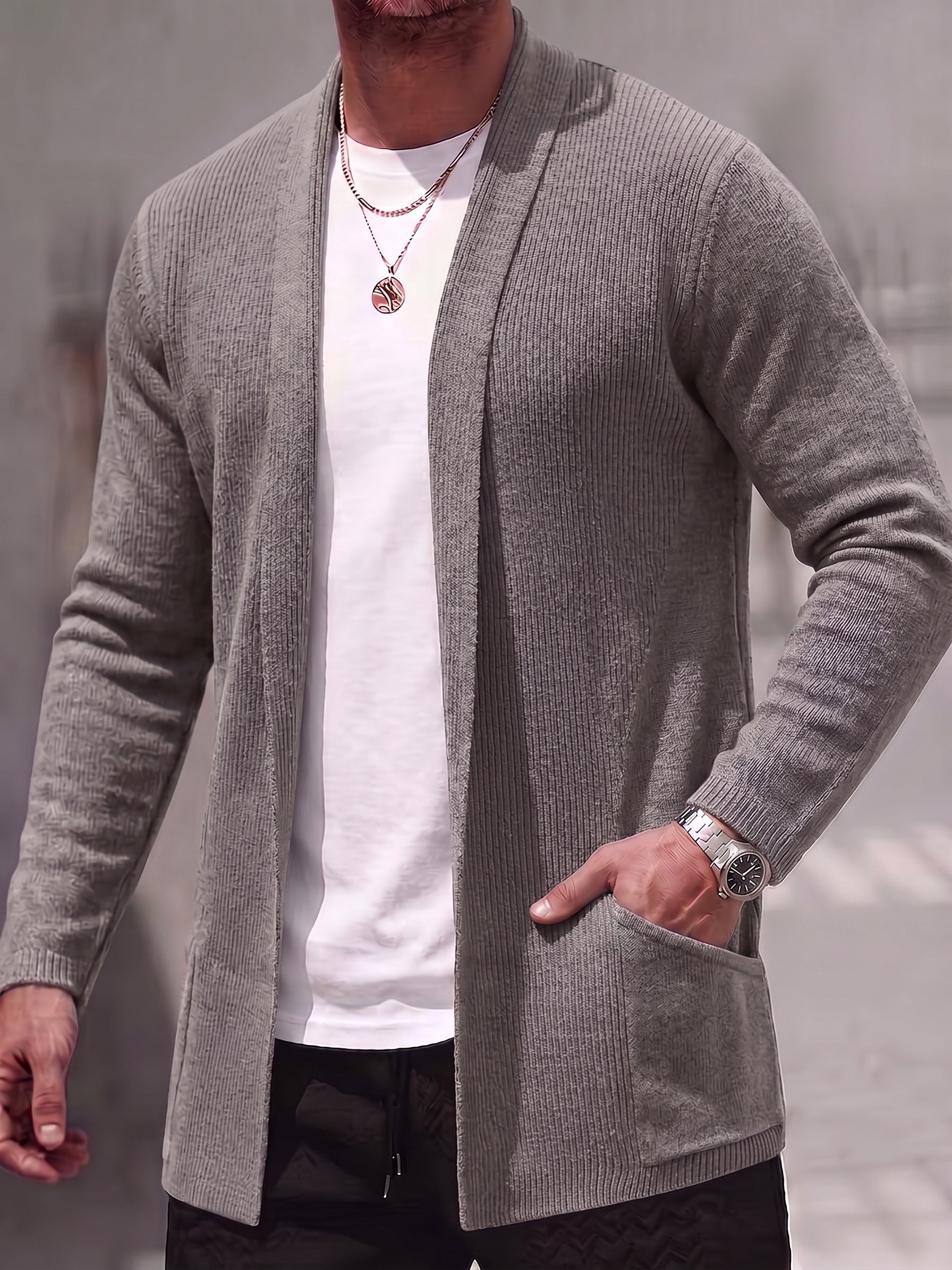 Solid Ribbed Knit Open Front Cardigan - Khaki