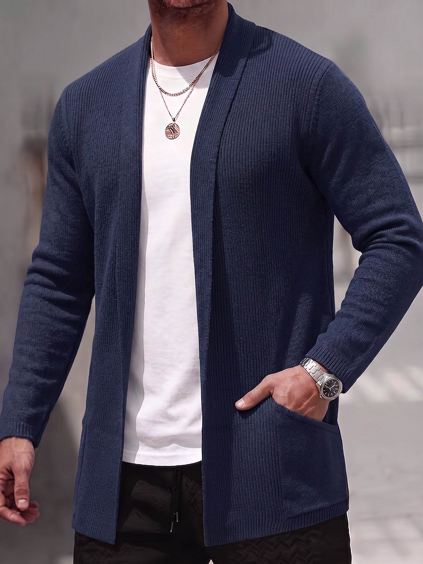 Solid Ribbed Knit Open Front Cardigan - Navy Blue