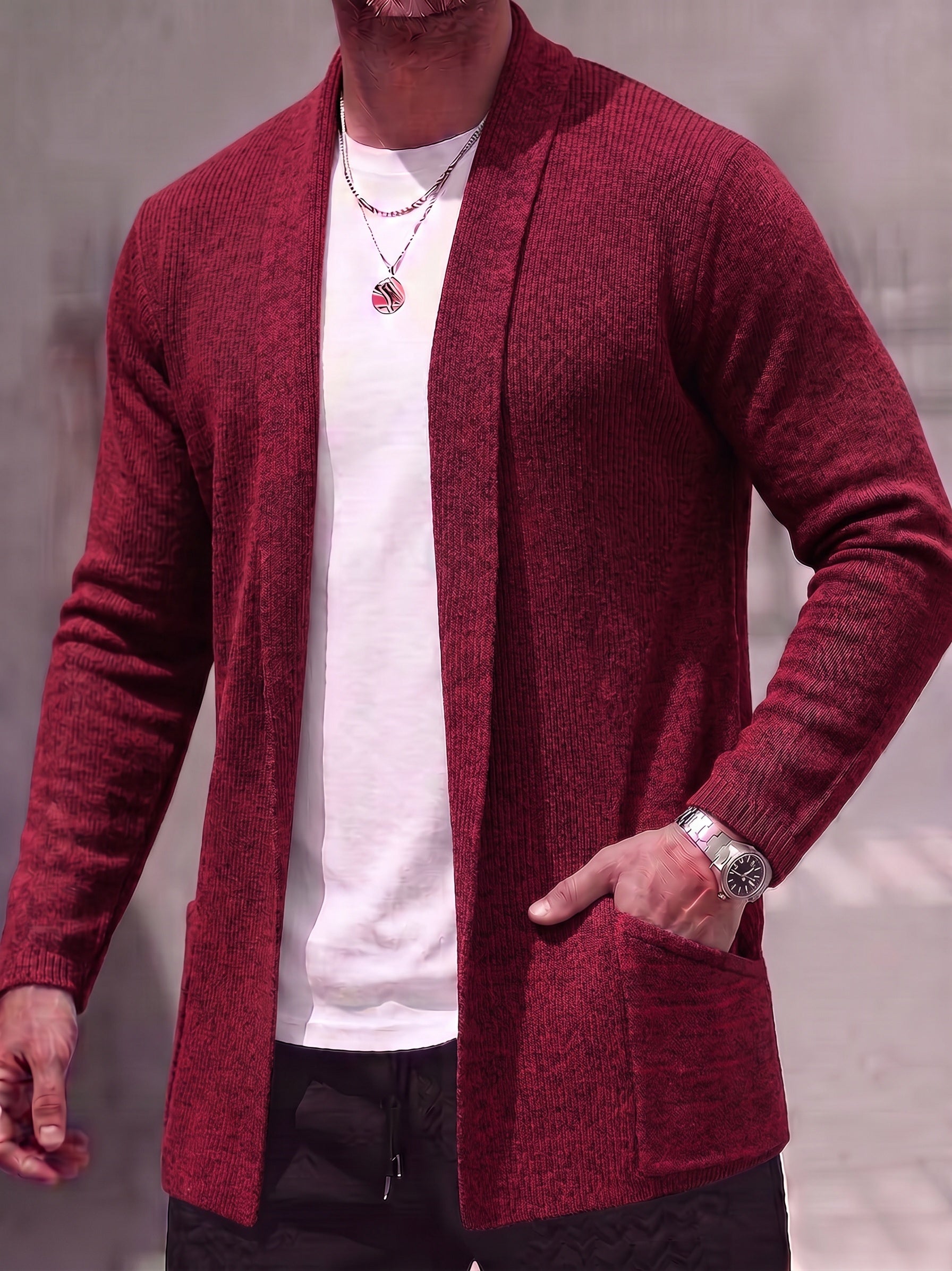 Solid Ribbed Knit Open Front Cardigan - Wine Red