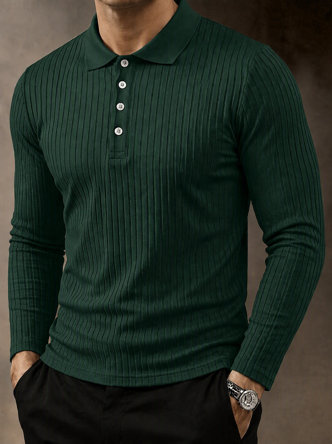 Casual Long Sleeve Ribbed Knit Polo Shirt - Green