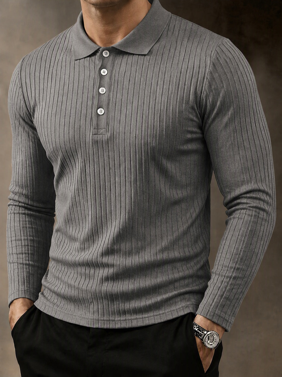 Casual Long Sleeve Ribbed Knit Polo Shirt - Gray