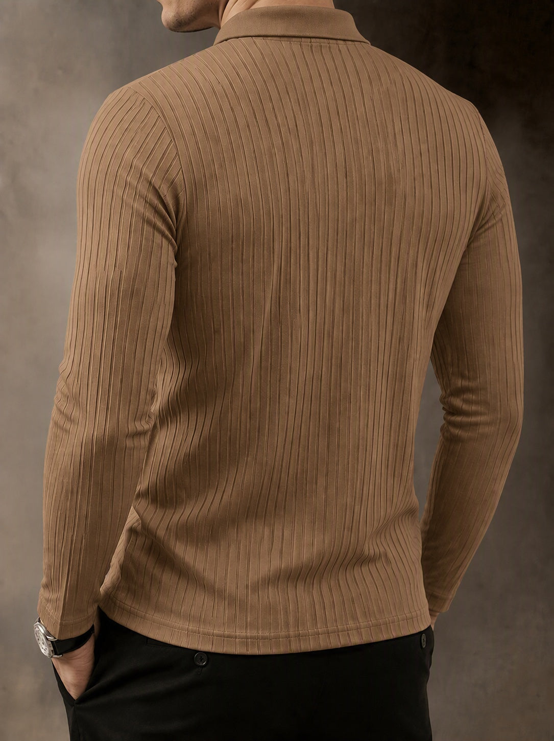 Casual Long Sleeve Ribbed Knit Polo Shirt - Khaki