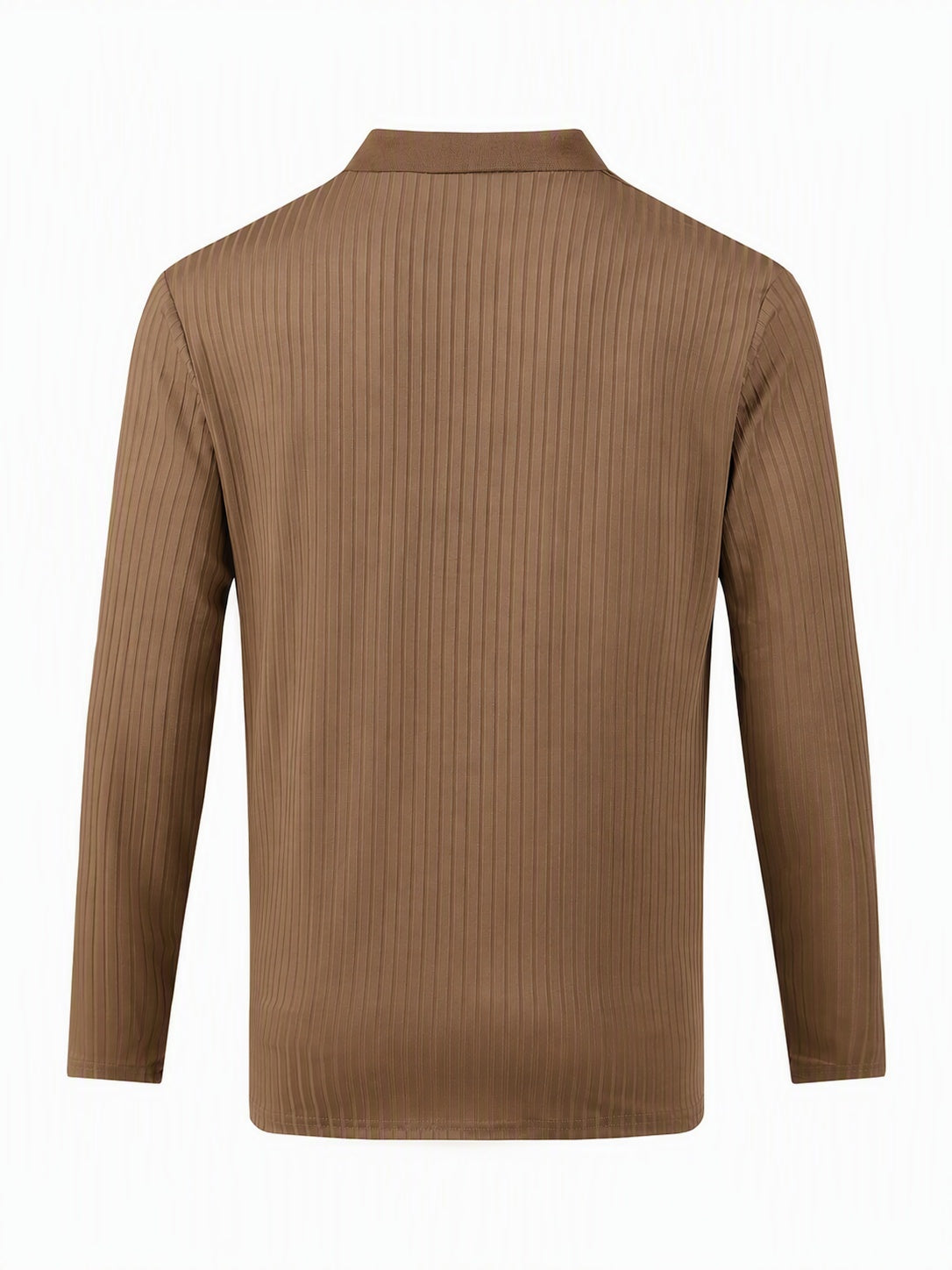 Casual Long Sleeve Ribbed Knit Polo Shirt - Khaki