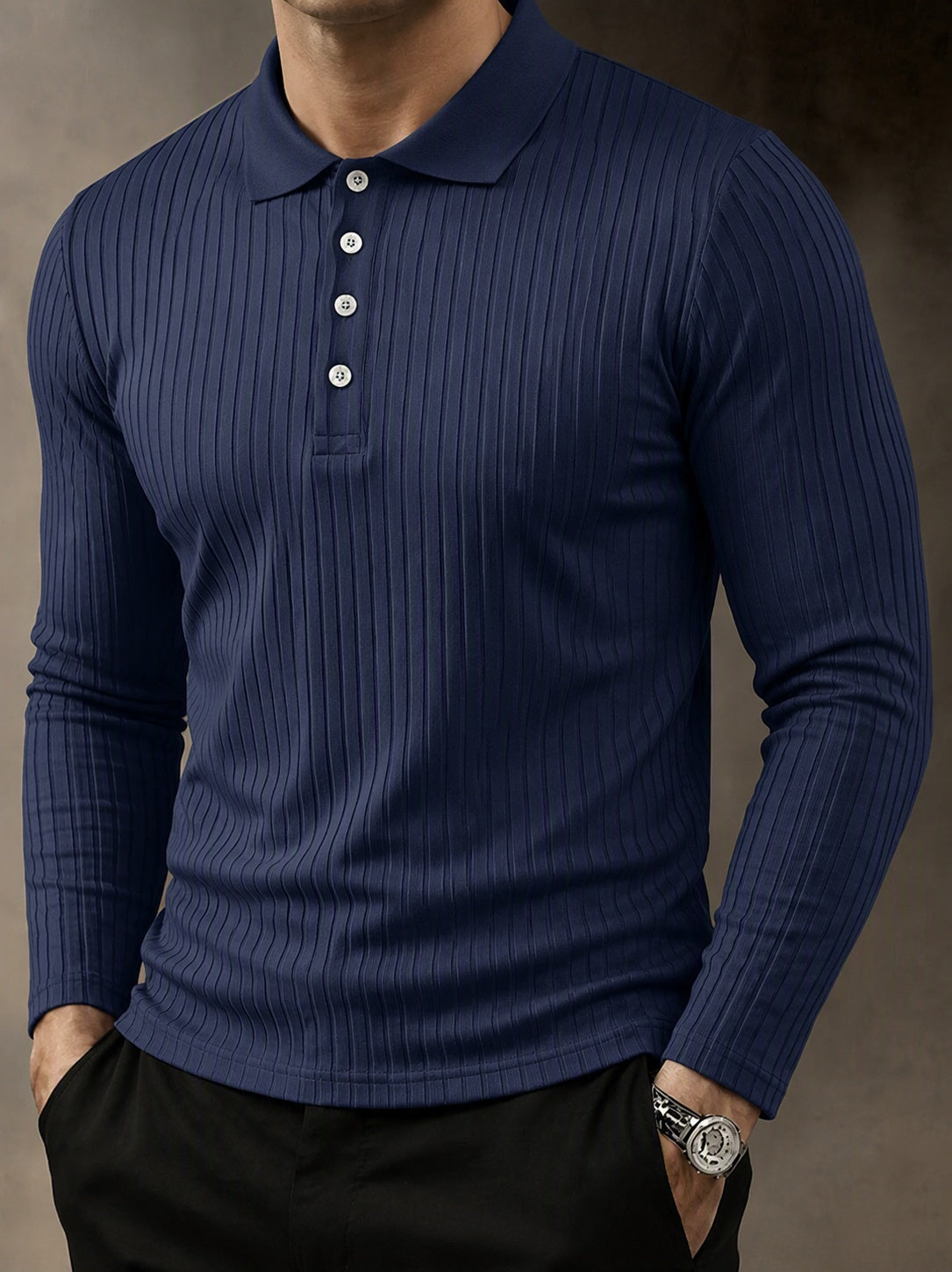 Casual Long Sleeve Ribbed Knit Polo Shirt - Navy Blue
