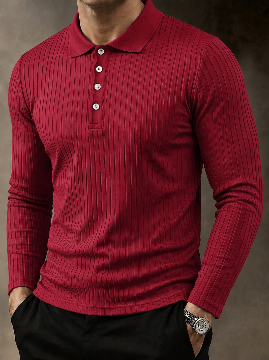 Casual Long Sleeve Ribbed Knit Polo Shirt - Red
