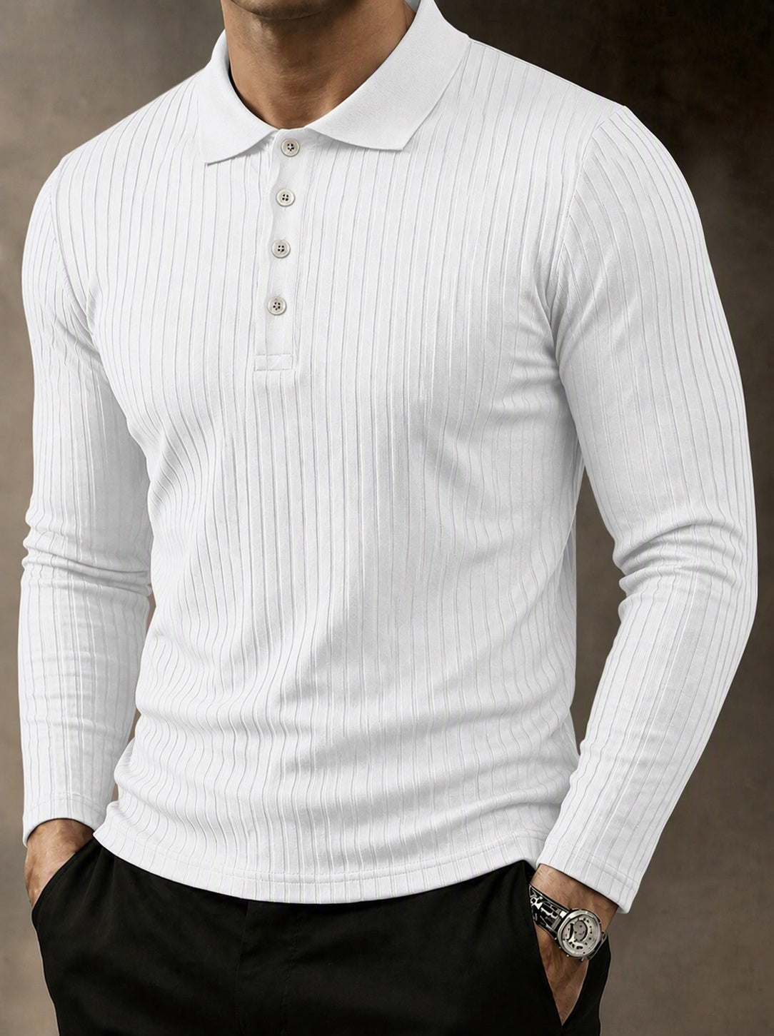 Casual Long Sleeve Ribbed Knit Polo Shirt - White