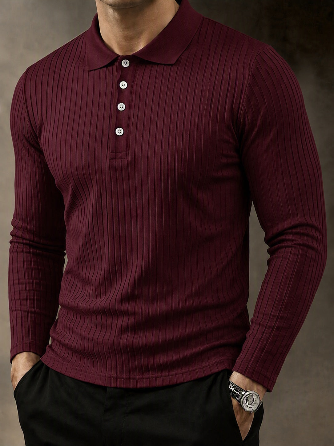 Casual Long Sleeve Ribbed Knit Polo Shirt - Wine Red