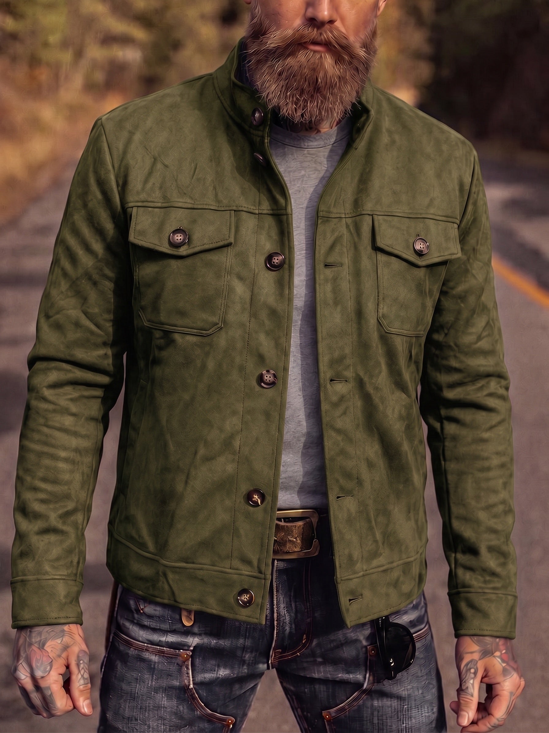 Retro Faux Suede Workwear Jacket - Army Green