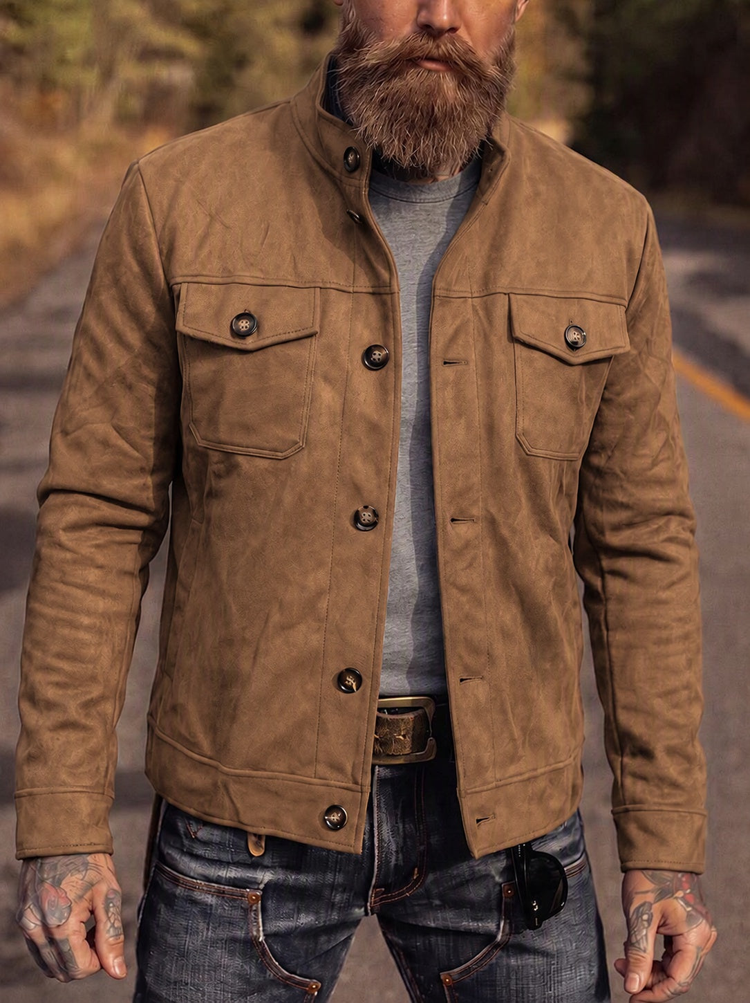 Retro Faux Suede Workwear Jacket - Coffee