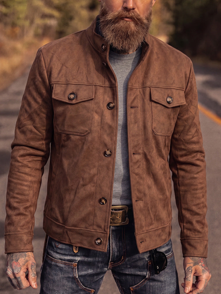 Retro Faux Suede Workwear Jacket - Dark Brown