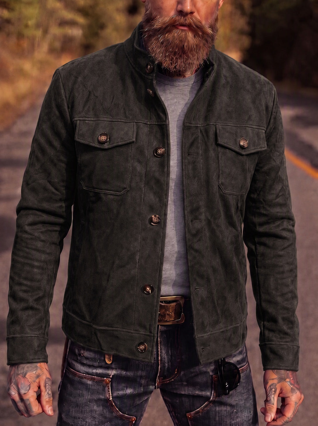 Retro Faux Suede Workwear Jacket - Dark Gray