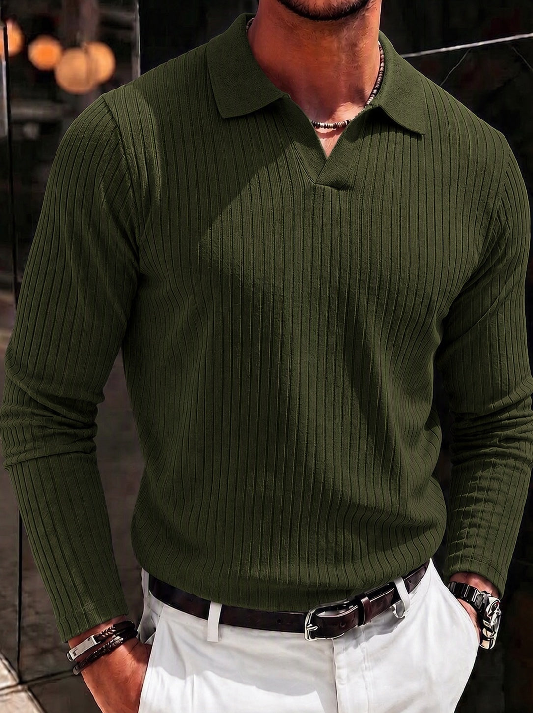 Minimalist Long Sleeve Ribbed Knit Polo Shirt - Army Green