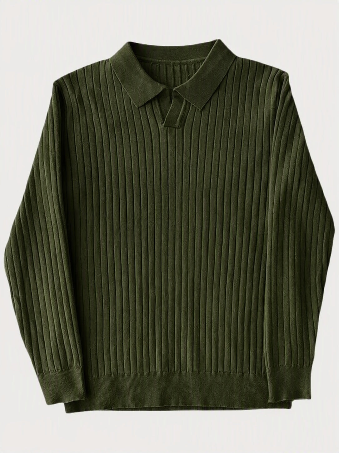 Minimalist Long Sleeve Ribbed Knit Polo Shirt - Army Green