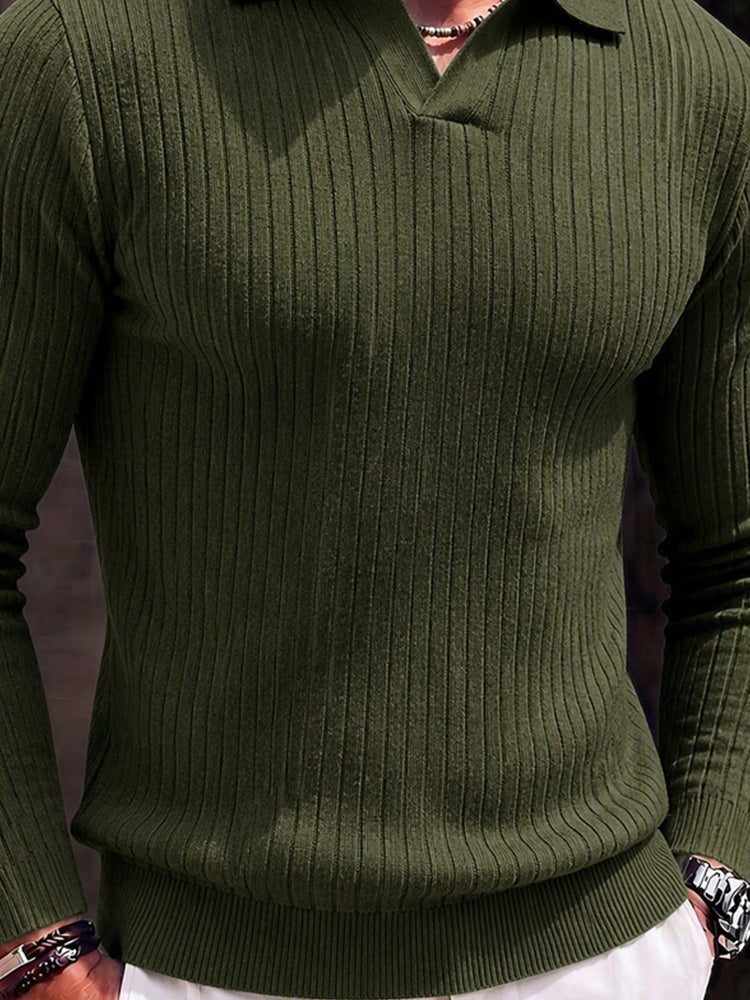 Minimalist Long Sleeve Ribbed Knit Polo Shirt - Army Green