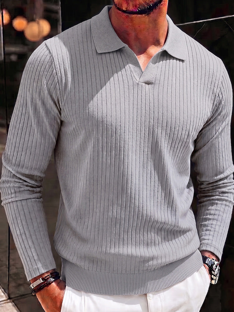 Minimalist Long Sleeve Ribbed Knit Polo Shirt - Light Gray