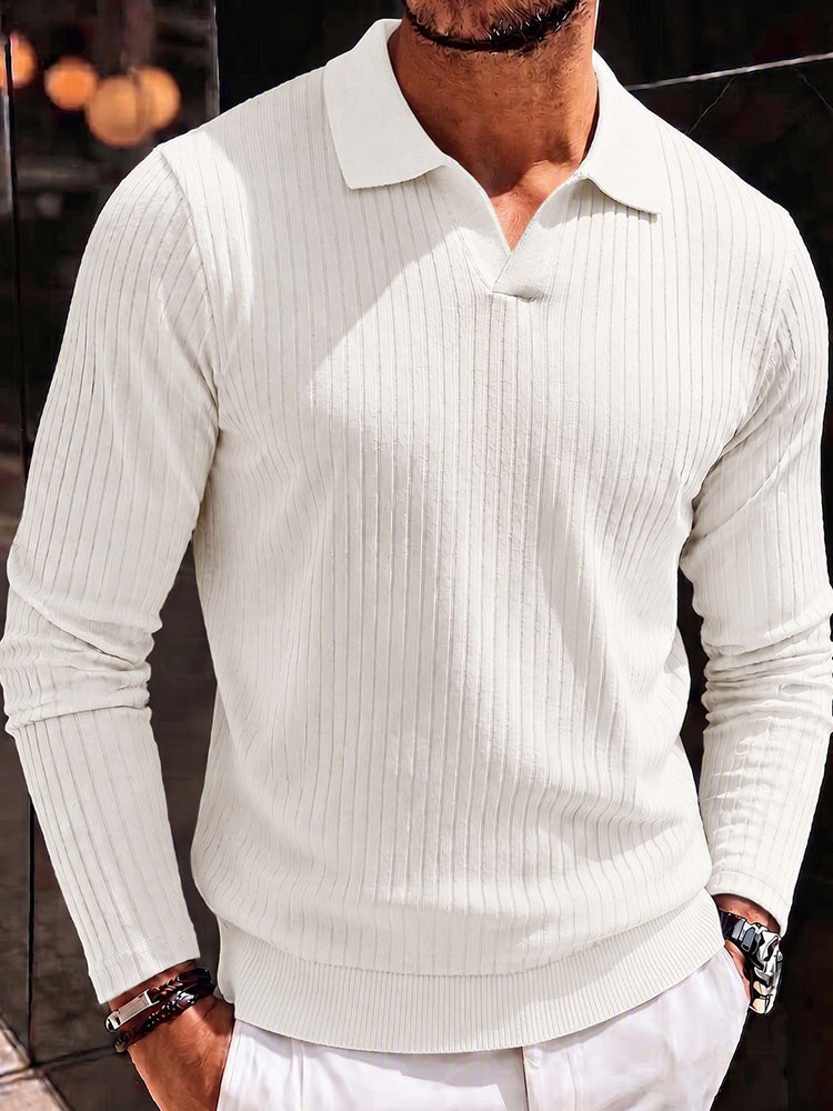 Minimalist Long Sleeve Ribbed Knit Polo Shirt - White
