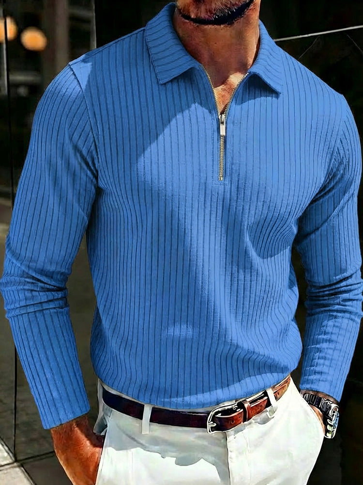 Long Sleeve Quarter Zip Ribbed Polo Shirt - Blue