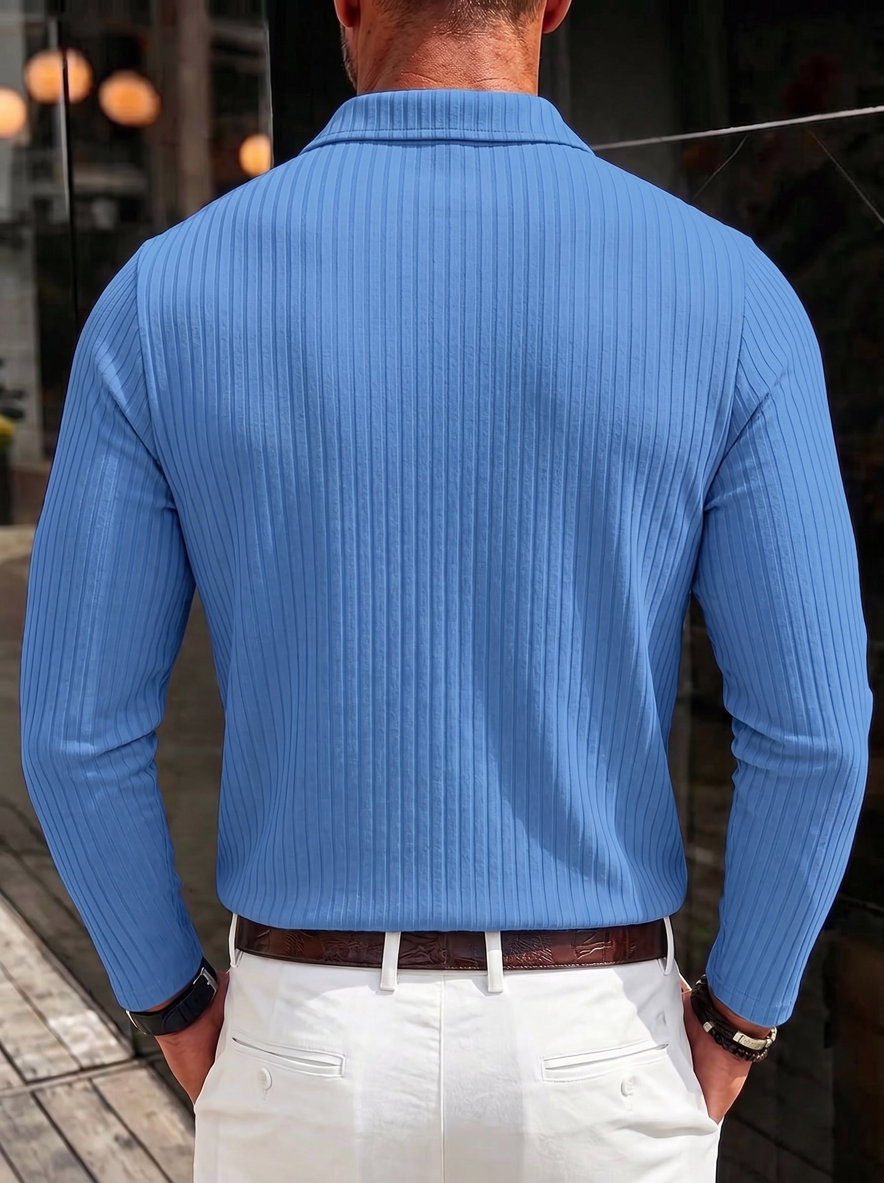 Long Sleeve Quarter Zip Ribbed Polo Shirt - Blue